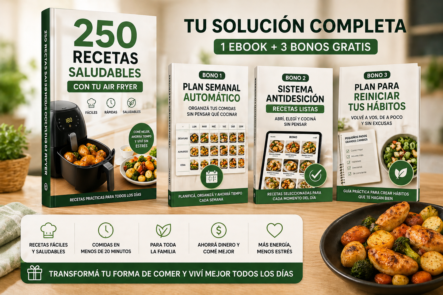 250 Recetas Rapidas con tu Air Fryer + 3 Bonos Gratis
